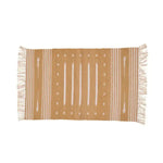 Handwoven Earthy White Stripe Ikat Cotton Rug with Fringes, ideal for adding a boho touch to your office or large living room. This 8x10 area rug features intricate patterns and natural tones, perfect for enhancing any living space.