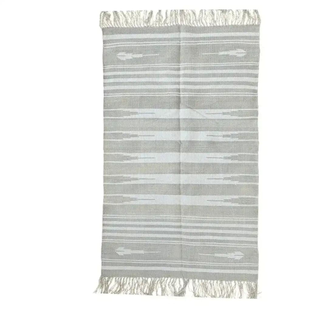 Handwoven gray and white stripe cotton area rug with fringes, perfect for a living room. This large boho rug, sized 8x10, features a stylish pattern ideal for modern interiors.