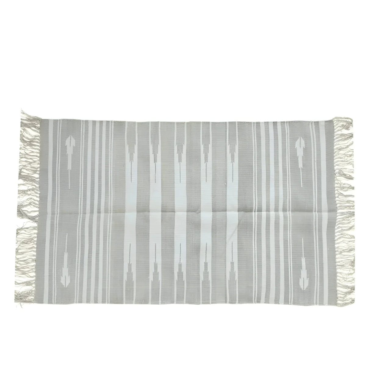 Handwoven Gray and White Stripe Cotton Rug with Fringes