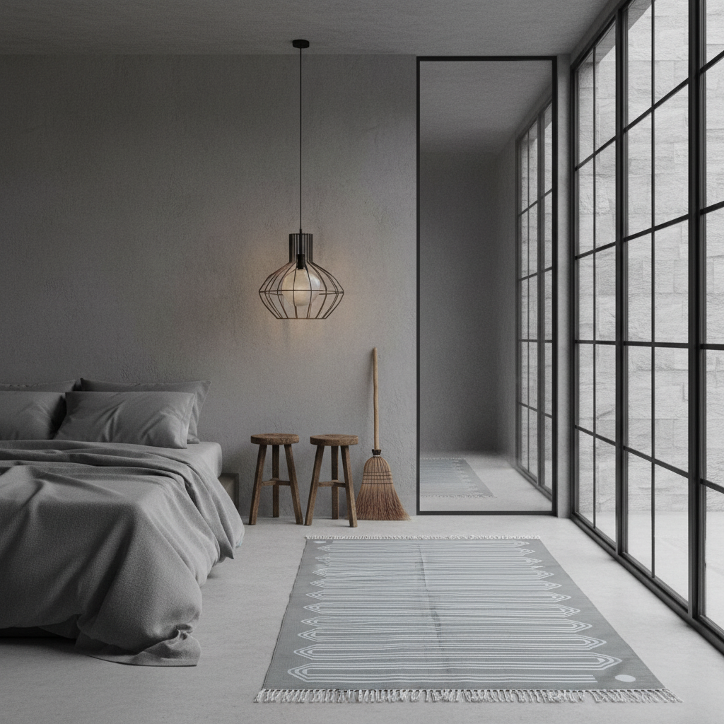 Alfombra de Algodón Tejida a Mano Gris Inspirada en Serpientes con Flecos
