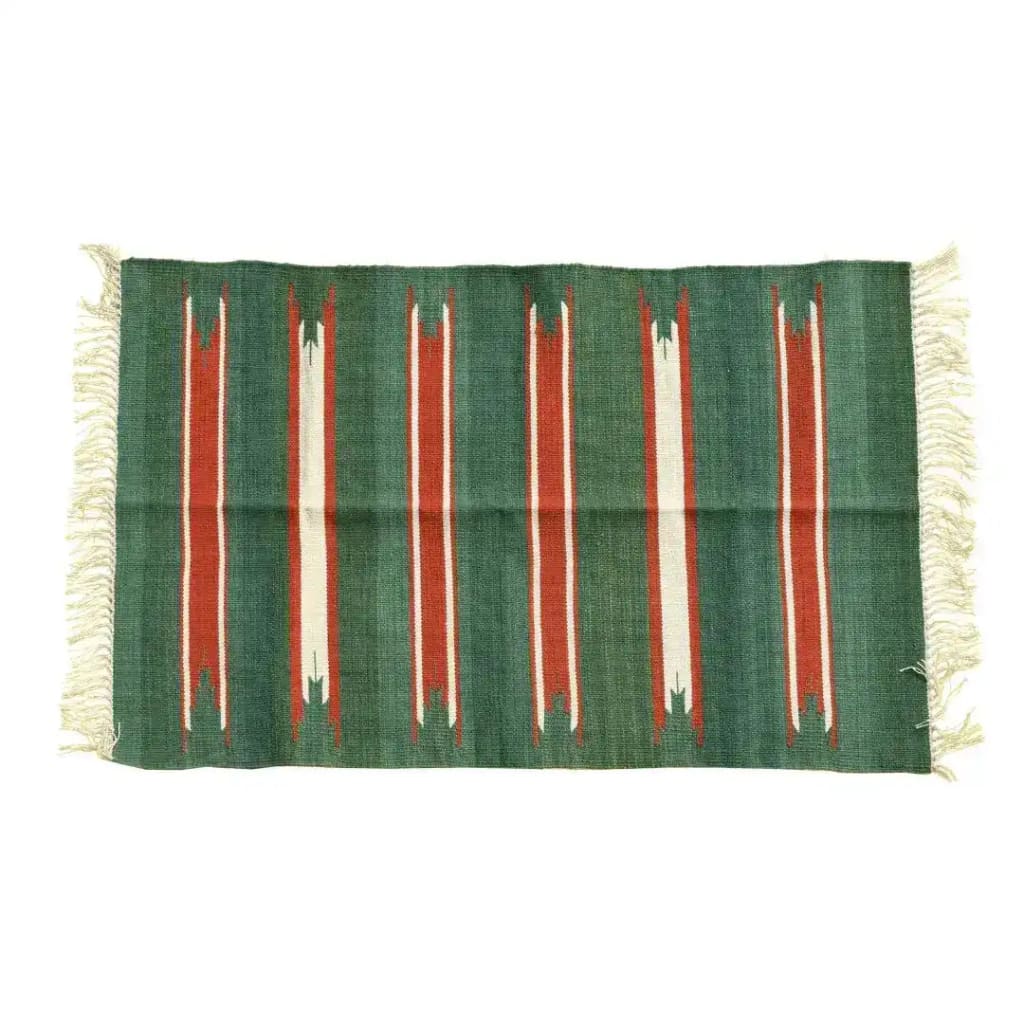 Handwoven green and red stripe cotton area rug with fringes, ideal for adding a boho touch to your living room or dining room. Perfect for formal dining room settings or as a cozy accent in any space.