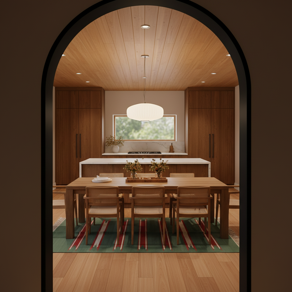 A modern interior scene viewed through a black arched frame, showing a warm wood dining room with a table and chairs in front of a kitchen with wood cabinetry and a white island.
