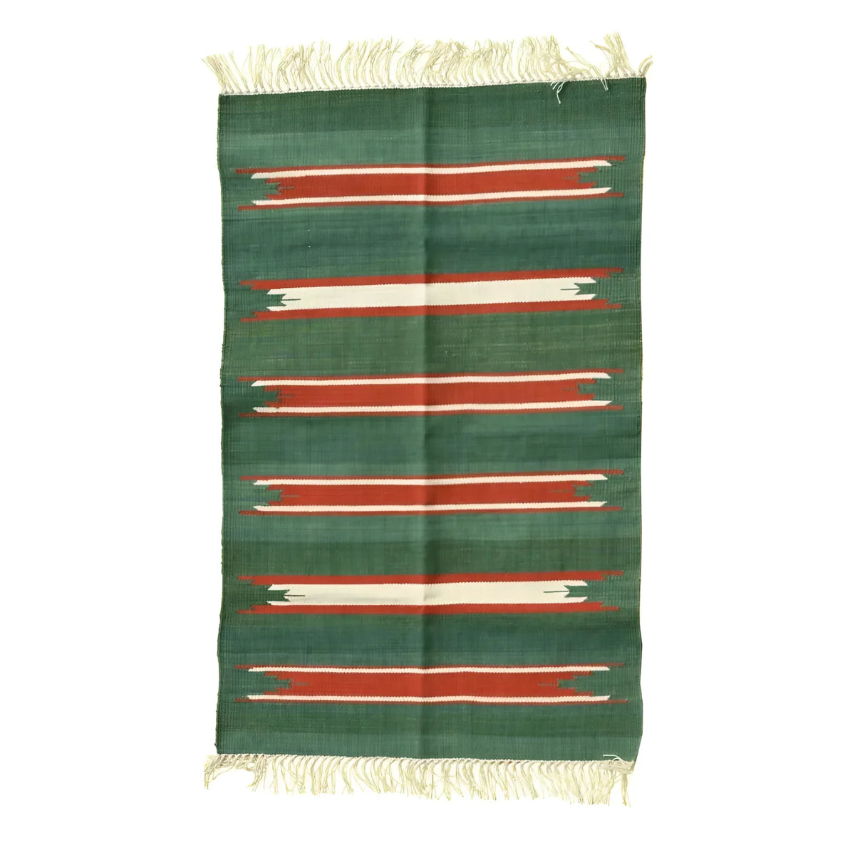 Handwoven Green and Red Stripe Cotton Rug with Fringes