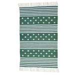 Handwoven green and white diamond cotton rug with fringes, featuring a boho style perfect for the bedroom or living room. This area rug showcases a blend of stripes and geometric patterns, ideal for adding a cozy touch to your space.
