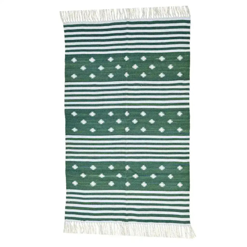 Handwoven green and white diamond cotton rug with fringes, featuring a boho style perfect for the bedroom or living room. This area rug showcases a blend of stripes and geometric patterns, ideal for adding a cozy touch to your space.