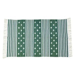 Handwoven green and white diamond cotton area rug with fringes, ideal for boho-themed bedrooms or living rooms. This stylish rug features a pattern of alternating stripes and diamond shapes, perfect for adding a cozy touch to any living space.