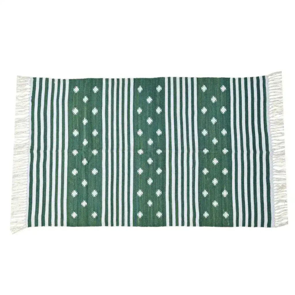 Handwoven green and white diamond cotton area rug with fringes, ideal for boho-themed bedrooms or living rooms. This stylish rug features a pattern of alternating stripes and diamond shapes, perfect for adding a cozy touch to any living space.