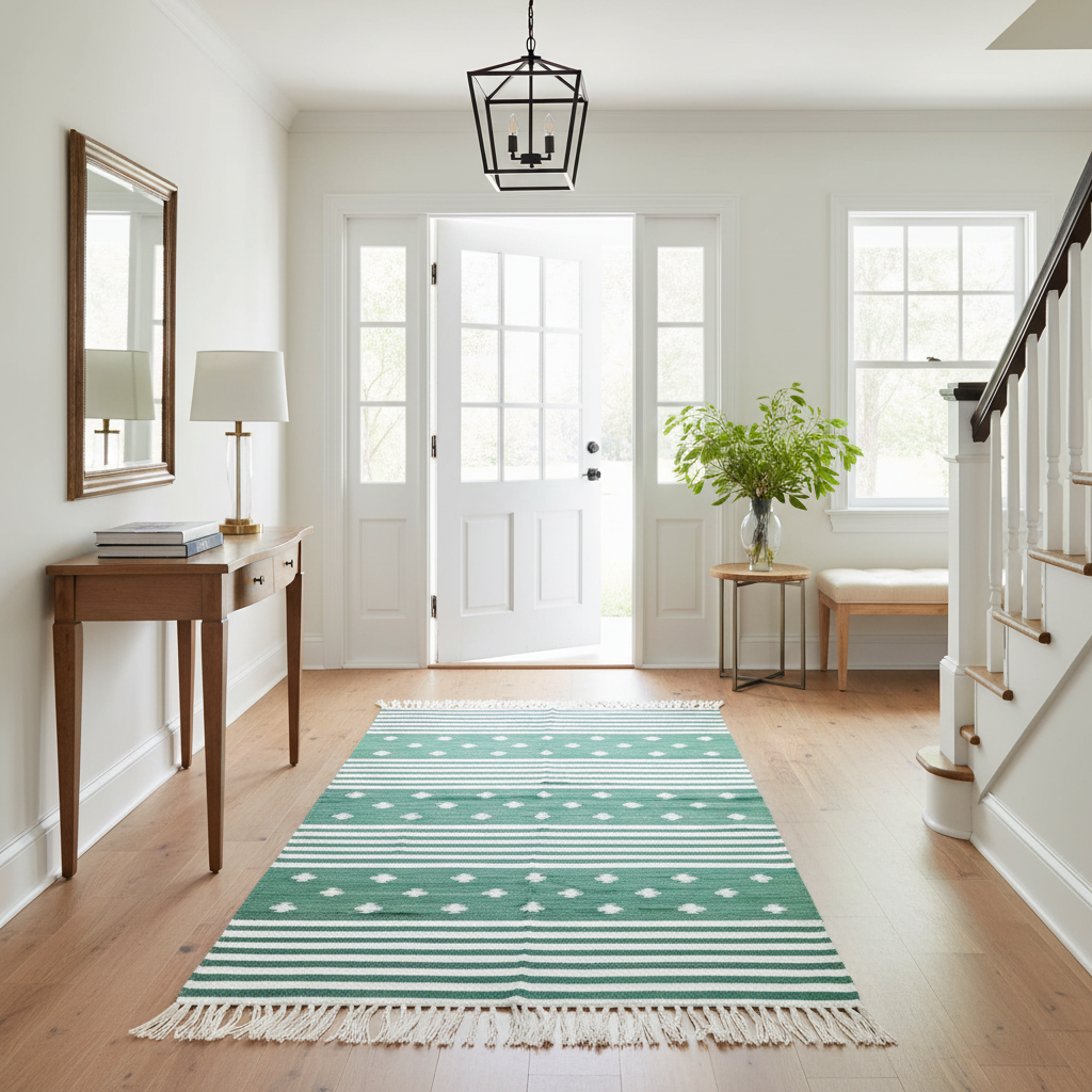 Alfombra de algodón con diseño de rombos verdes y blancos, tejida a mano y con flecos.