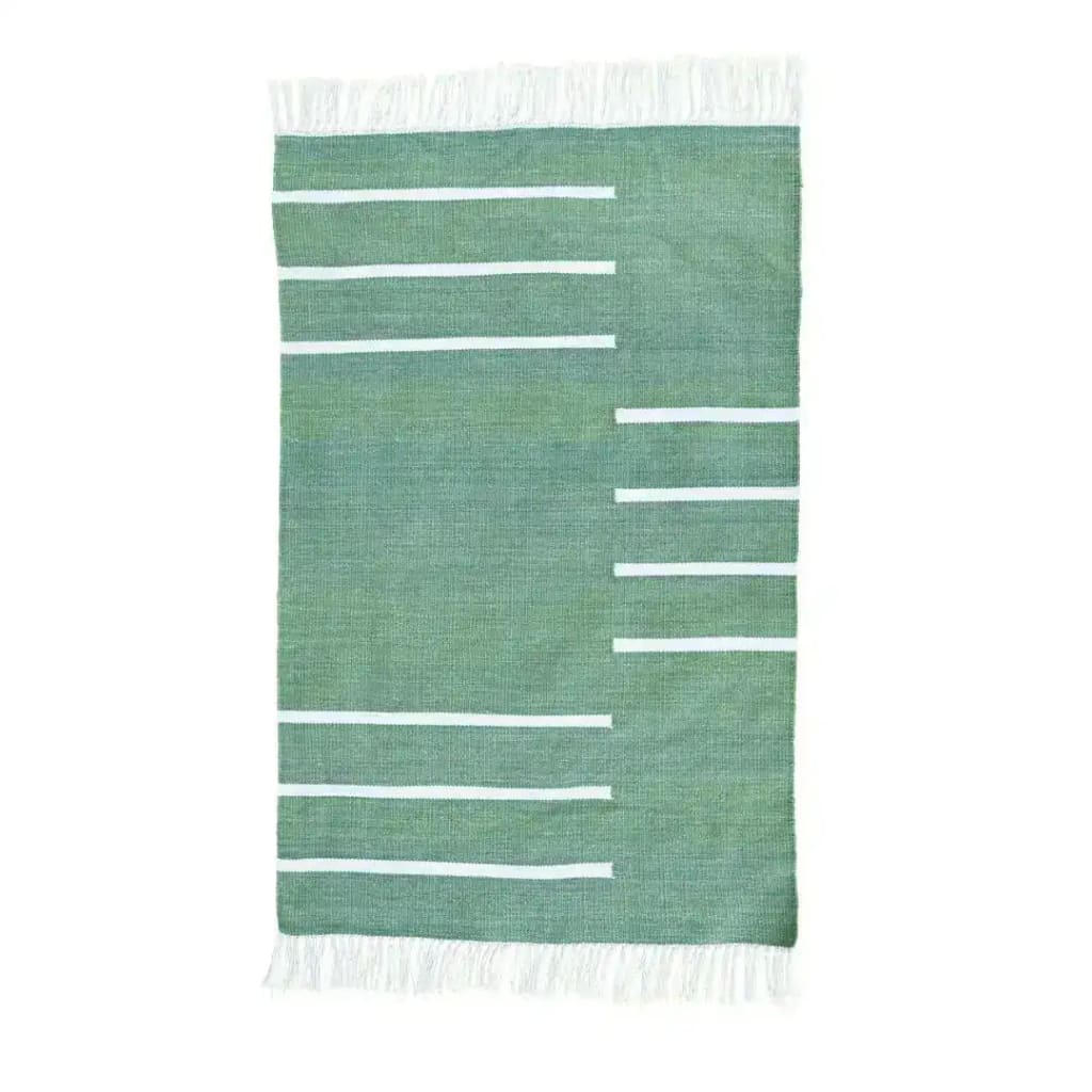 Handwoven green and white minimalistic cotton area rug with fringes, ideal for office spaces or living rooms. This boho rug features a simple linear pattern, perfect for adding a touch of elegance to large living room rugs.