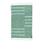 Handwoven green and white minimalistic cotton area rug with fringes, ideal for office spaces or living rooms. This boho rug features a simple linear pattern, perfect for adding a touch of elegance to large living room rugs.