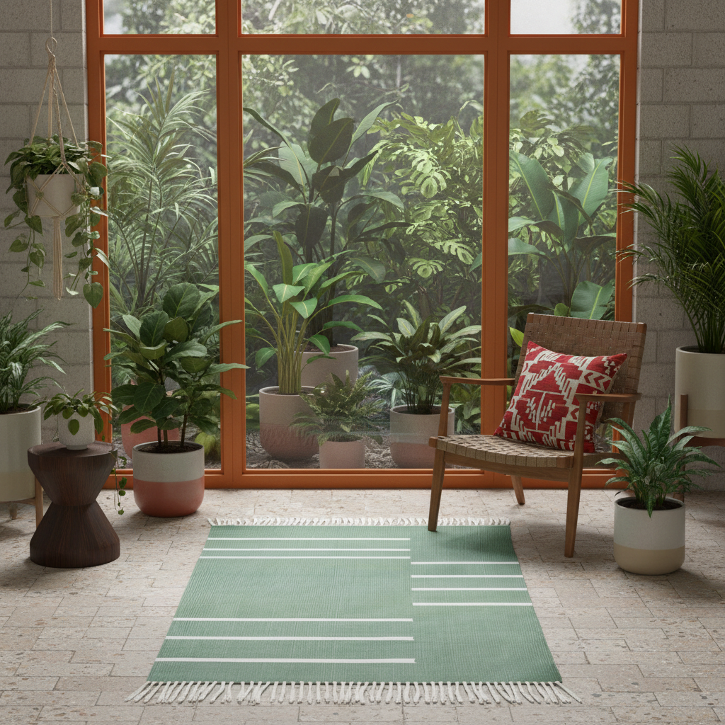 Alfombra de algodón minimalista tejida a mano en verde y blanco con flecos