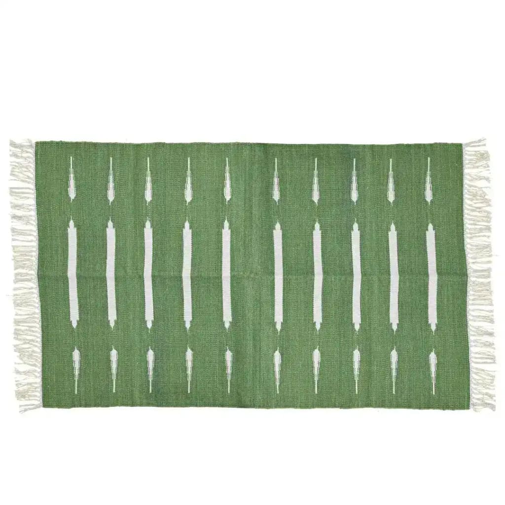 Handwoven green and white stripe cotton area rug with fringes, perfect for adding a boho touch to your dining room or office. This elegant rug is ideal for formal dining room settings, emphasizing its stylish cotton design.