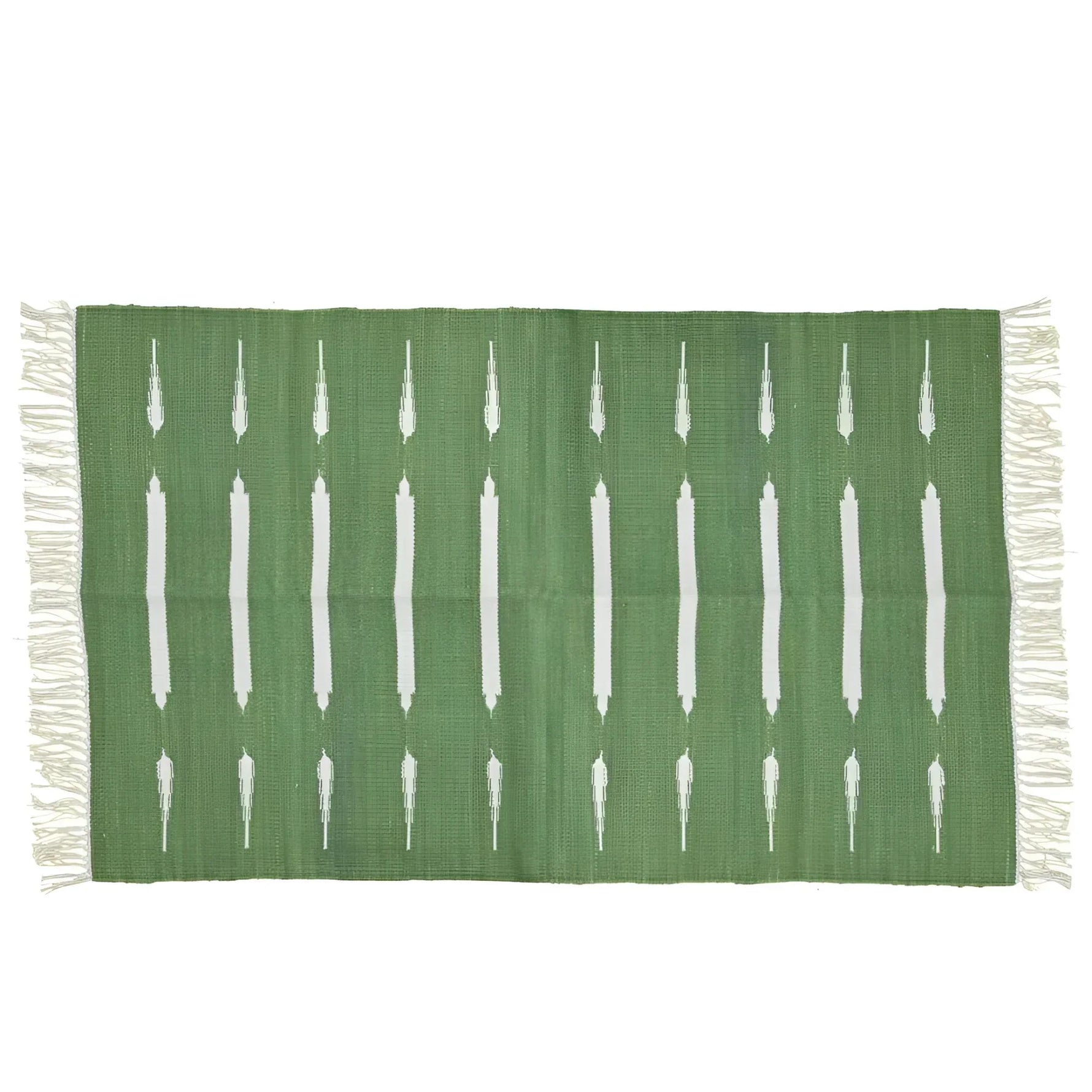 Handwoven Green and White Stripe Cotton Rug with Fringes