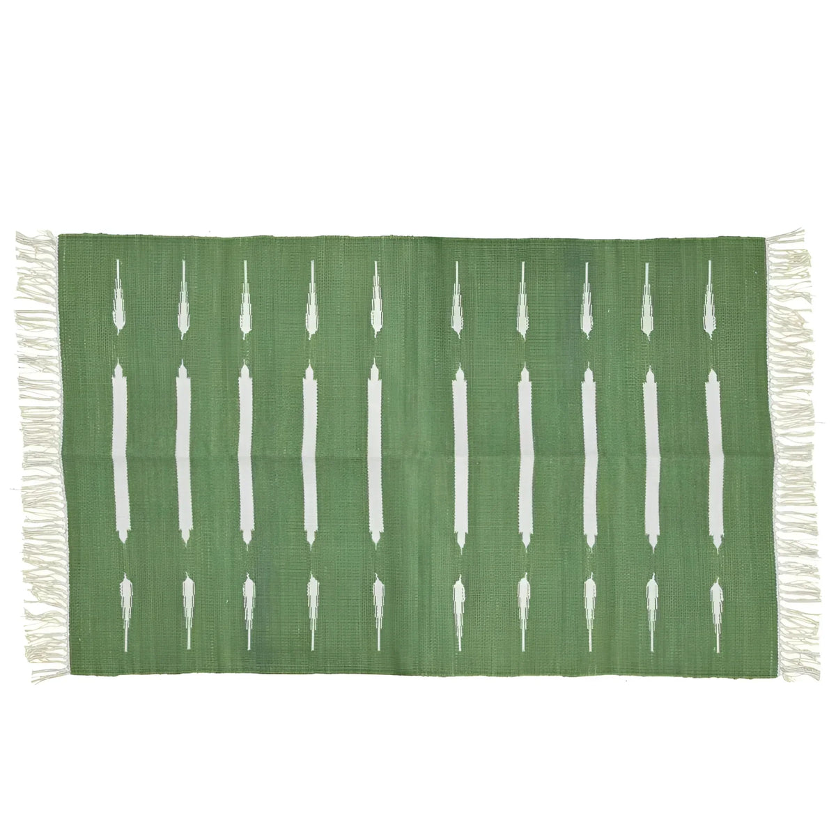 Handwoven Green and White Stripe Cotton Rug with Fringes