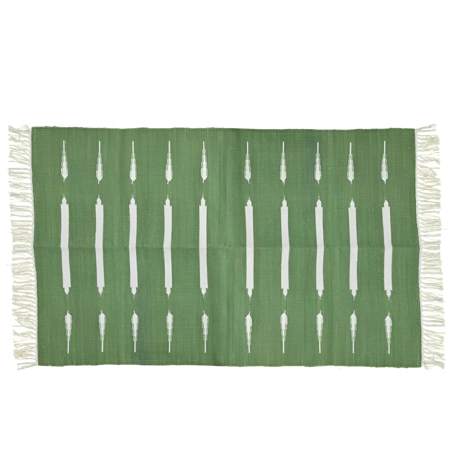 Handwoven Green and White Stripe Cotton Rug with Fringes