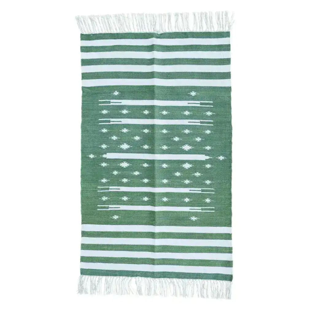 Handwoven green and white stripe traditional cotton area rug with fringes, perfect for enhancing a boho bedroom or living room.