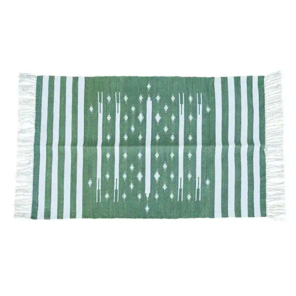 A handwoven area rug featuring green and white stripes, perfect for adding a boho touch to your bedroom or living room. Made from traditional cotton, this rug includes fringed edges that enhance its cozy appeal, making it an excellent choice for bedroom rugs or as a stylish cotton rug.