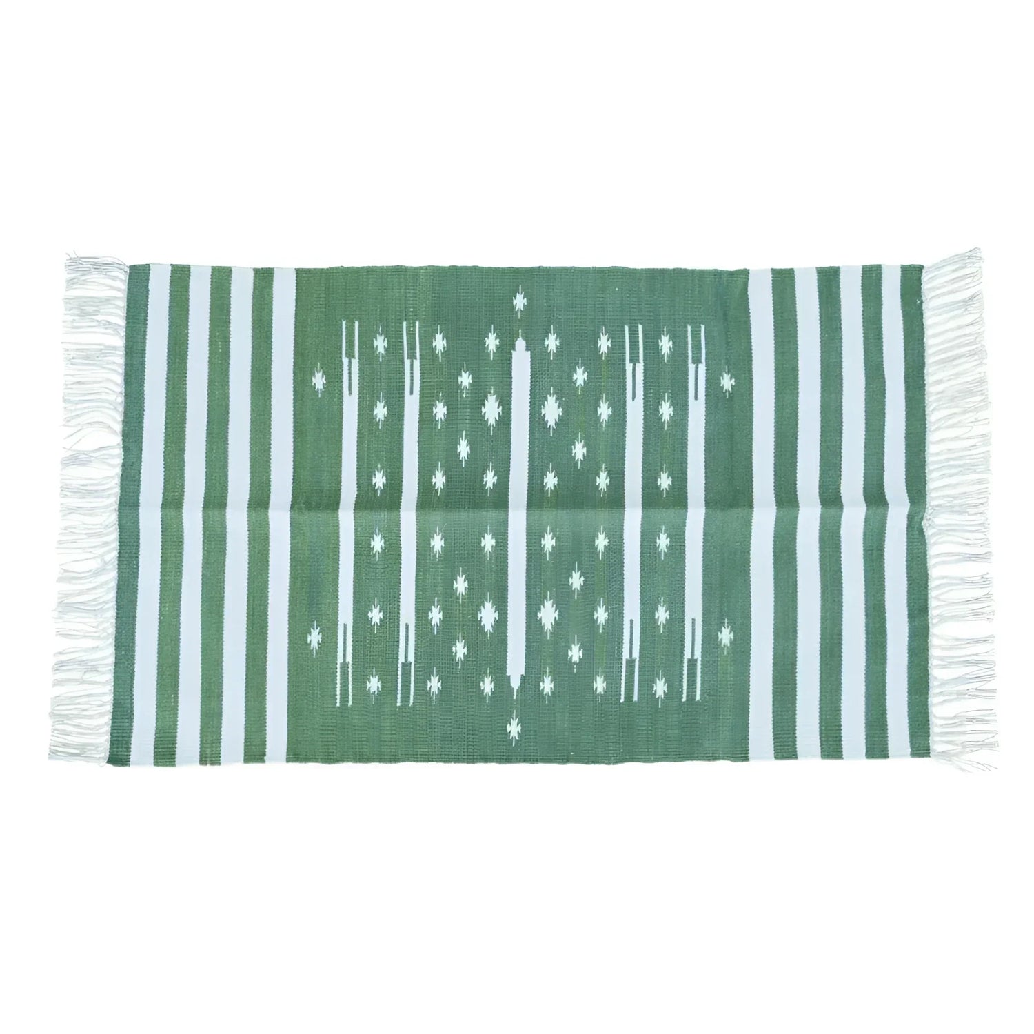 Handwoven Green and White Stripe Traditional Cotton Rug with Fringes