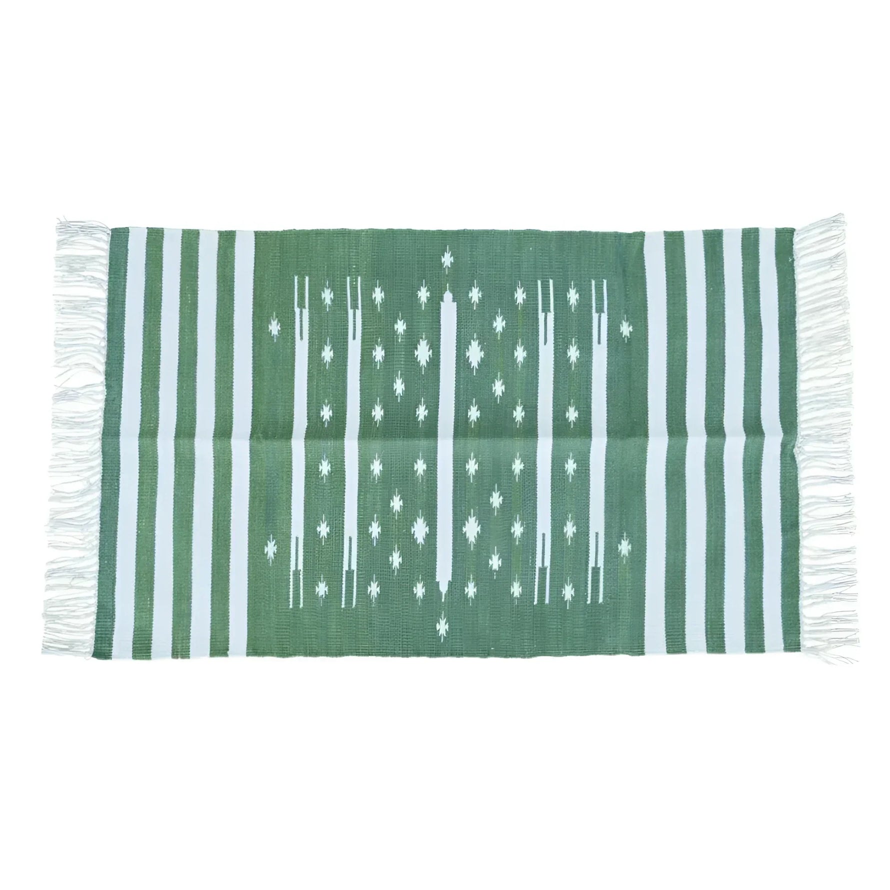 Handwoven Green and White Stripe Traditional Cotton Rug with Fringes