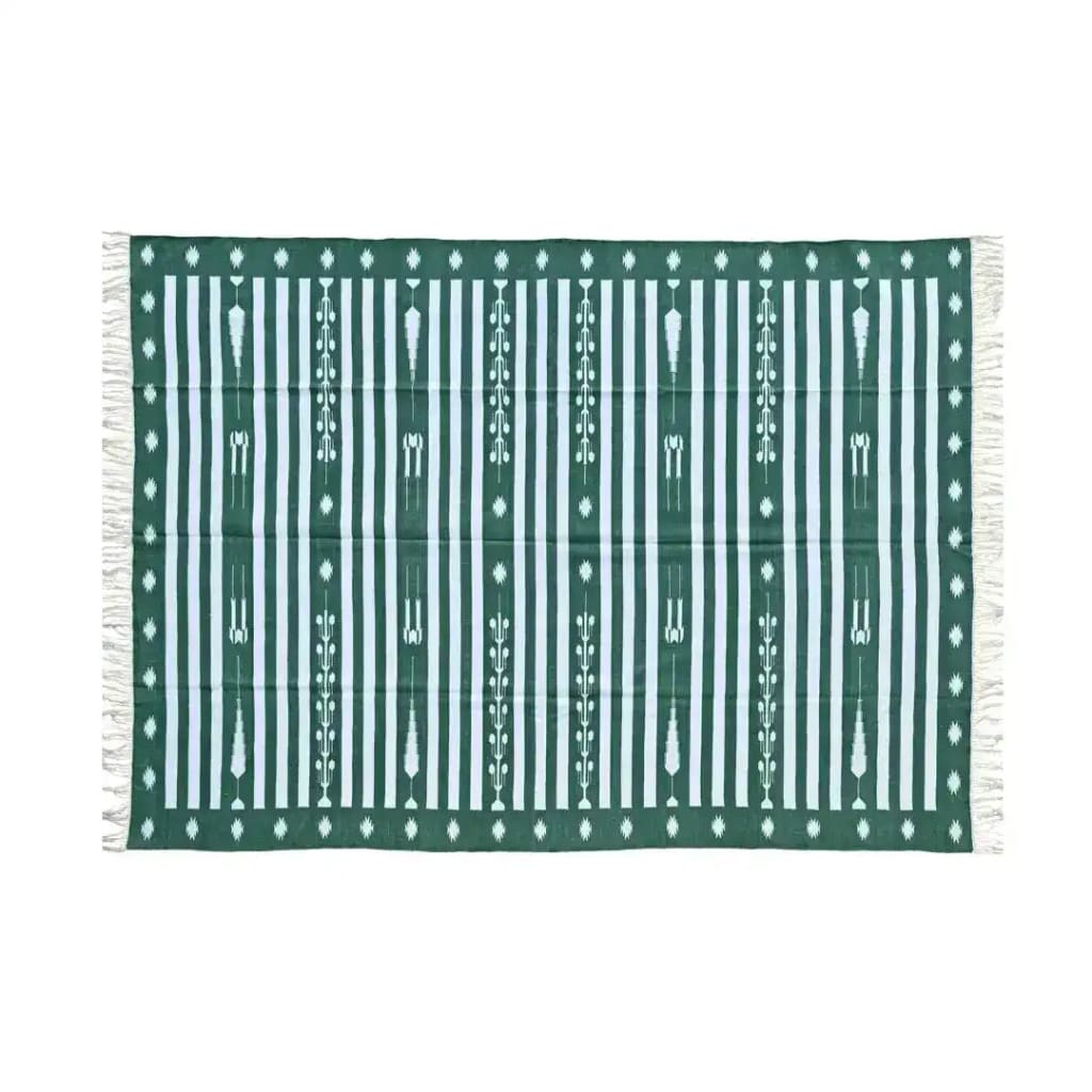 A handwoven green and white traditional cotton area rug with fringes, ideal for living room and dining room spaces. This boho rug features a bold striped pattern, making it perfect for formal dining room settings.