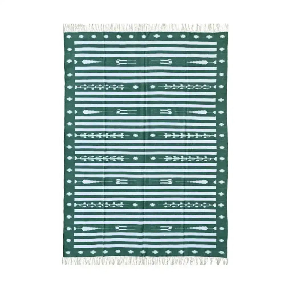 A beautifully handwoven green and white traditional cotton area rug with intricate patterns and fringes. Perfect for adding a boho flair to your living room or dining room, this rug is ideal for formal dining spaces.