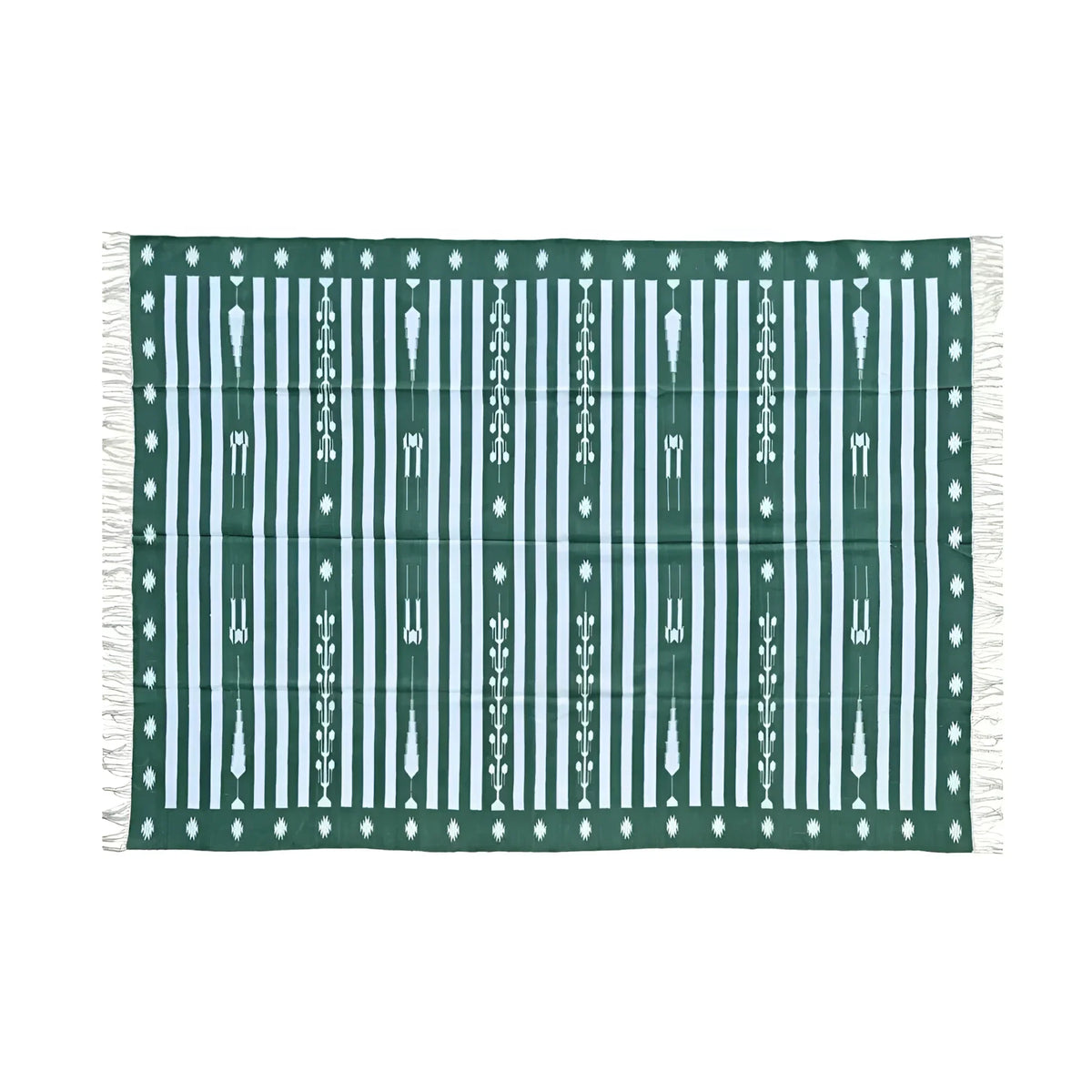 Handwoven Green and White Traditional Cotton Rug with Fringes