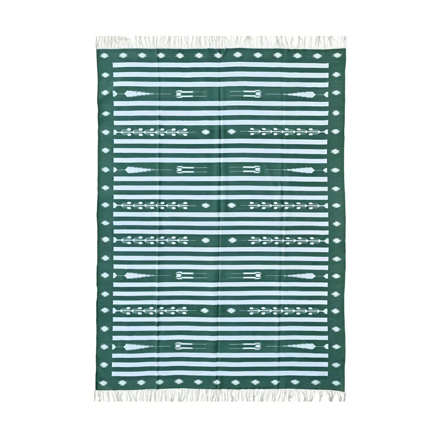 Handwoven Green and White Traditional Cotton Rug with Fringes