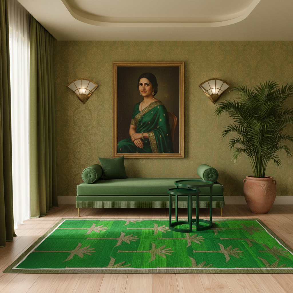 A styled interior scene with a green sofa, matching pillows, a green area rug with a palm tree pattern, a potted palm, and a large framed portrait on the wall. The room has olive wallpaper, wall sconces, wood flooring, and draped curtains.