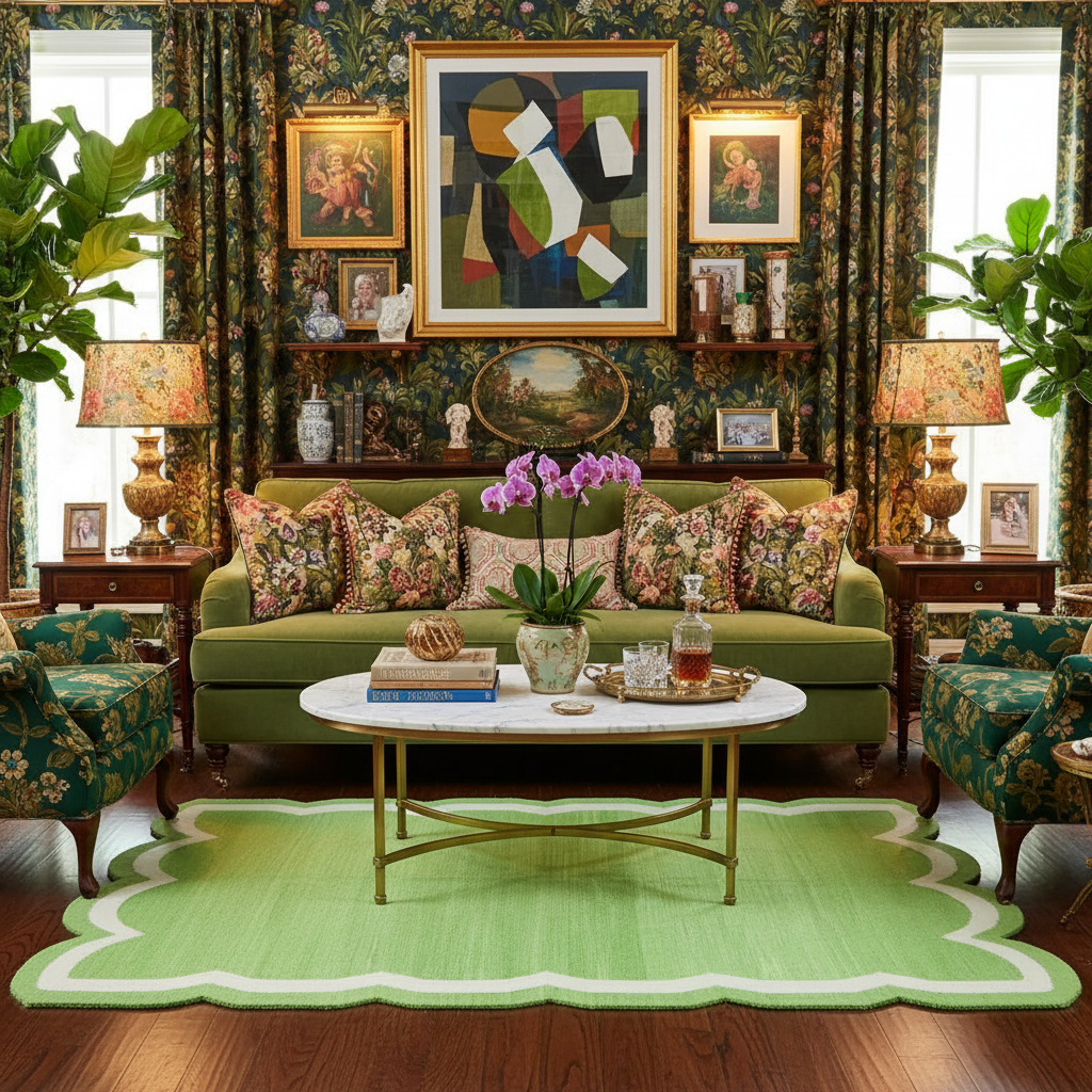 Handwoven Green/White Scallop Cotton Rug