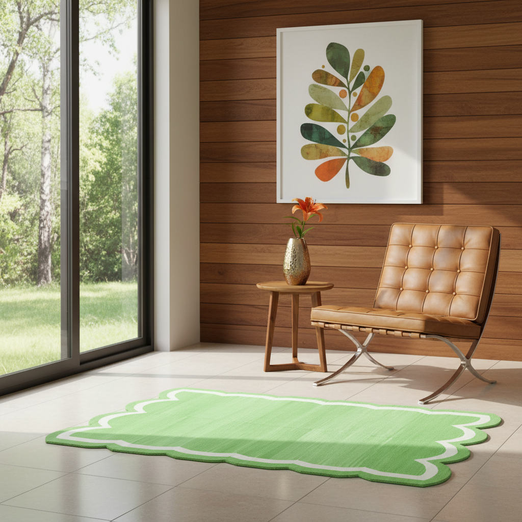 Handwoven Green/White Scallop Cotton Rug