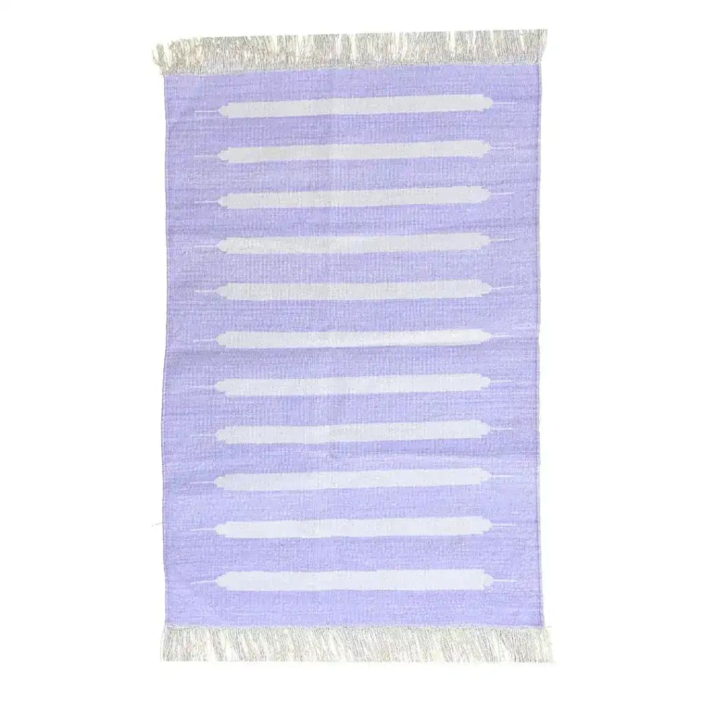 Handwoven lavender and white stripe cotton area rug with fringes, perfect for adding a boho touch to your living room. This rug, ideal for living room rugs 8x10, combines style and comfort, making it a great choice for rugs for living room.