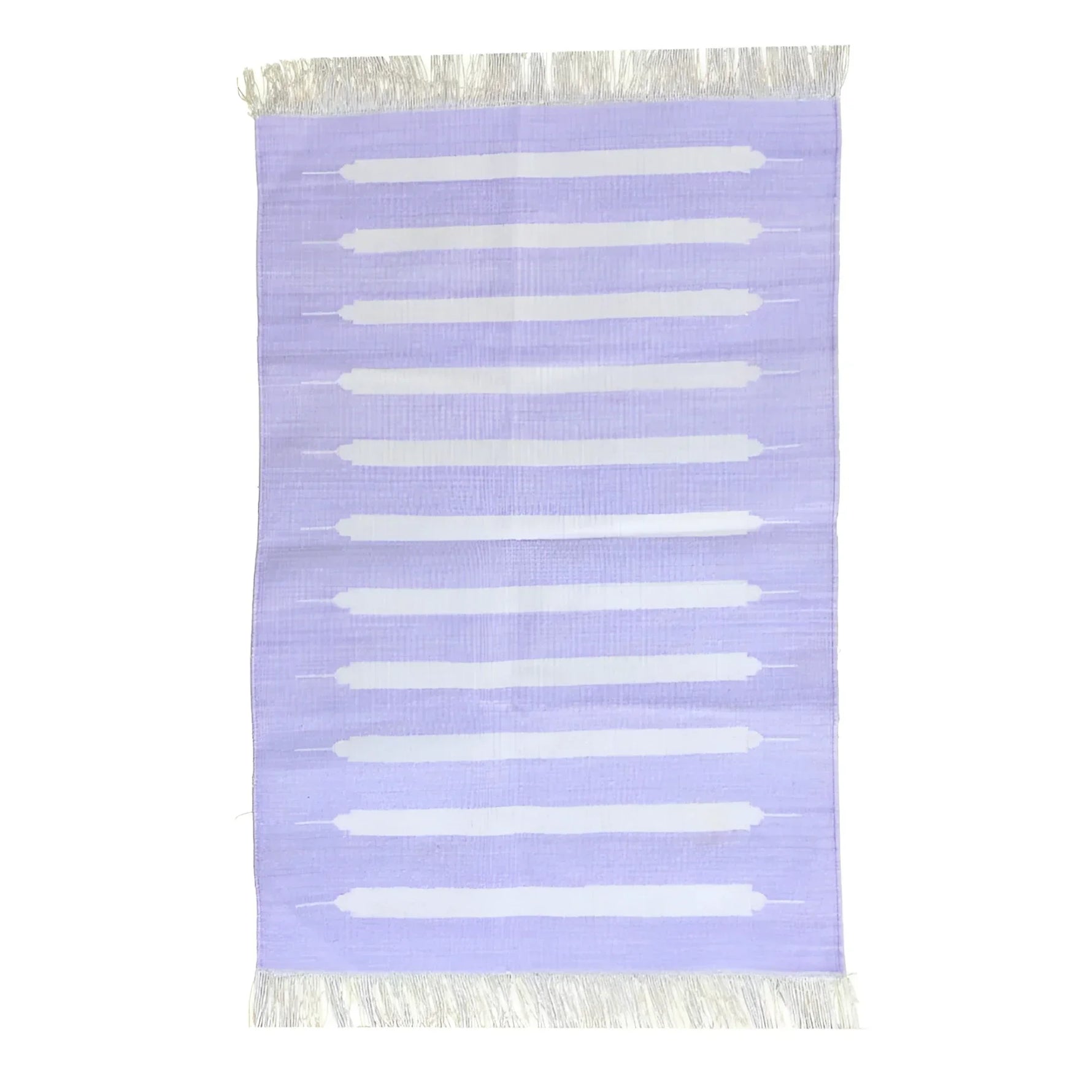 Handwoven Lavender and White Stripe Cotton Rug with Fringes
