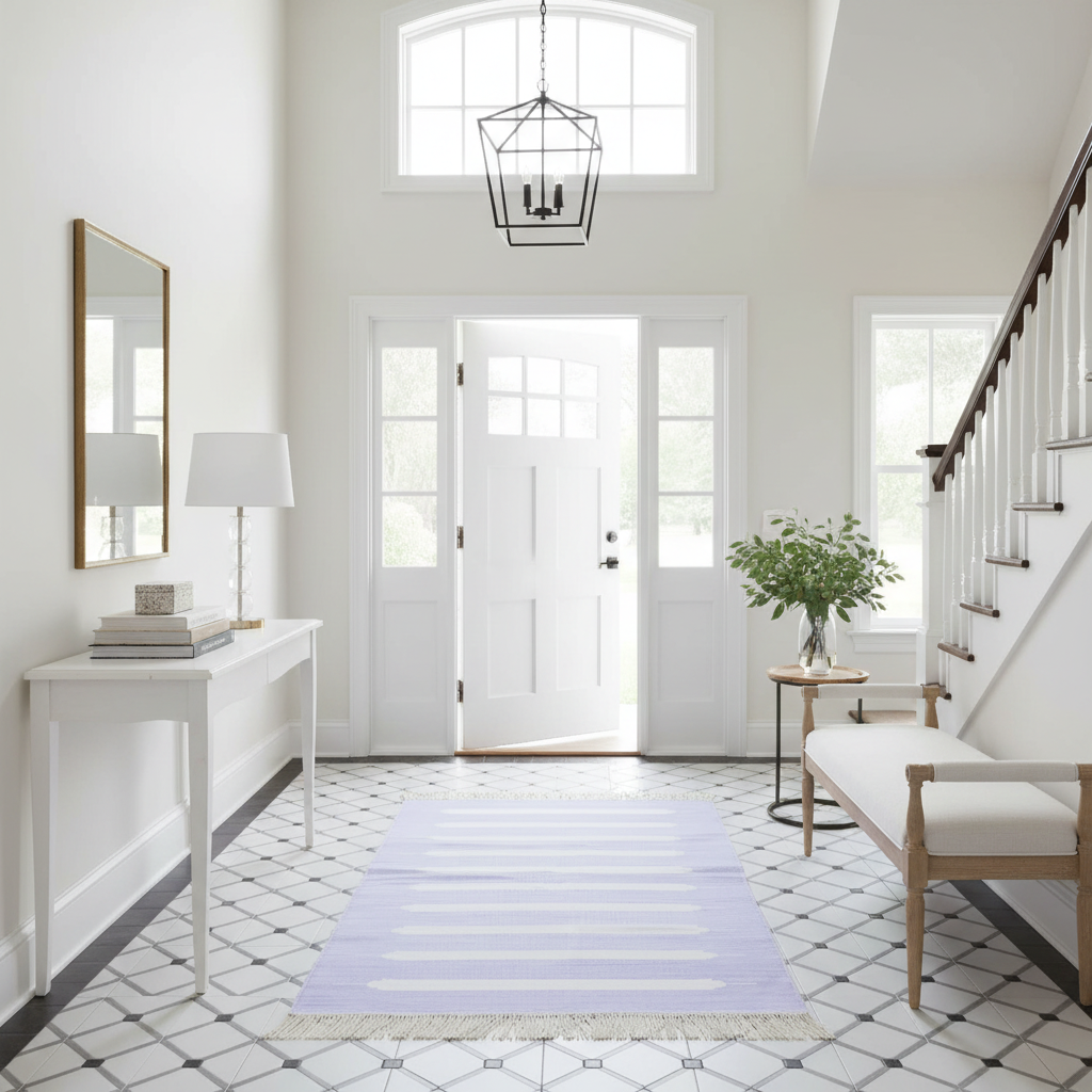 Handwoven Lavender and White Stripe Cotton Rug with Fringes