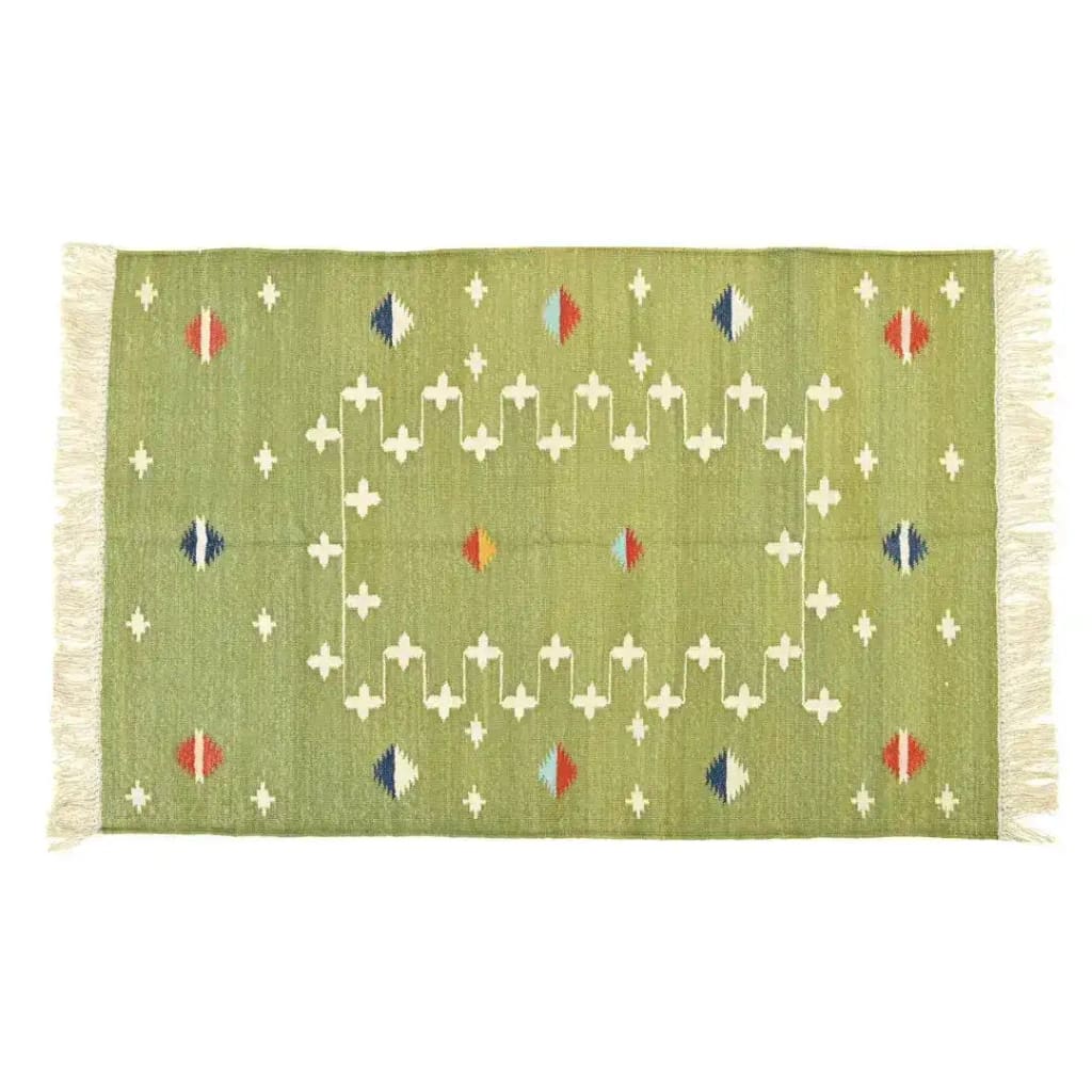 Handwoven light green patterned cotton area rug featuring a boho design with colorful geometric shapes and fringes, ideal for living room and dining room decor. Perfect for adding a cozy touch to a formal dining room.