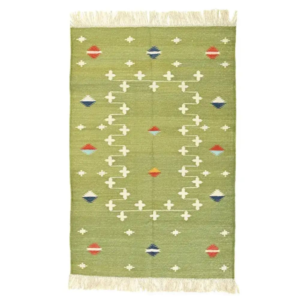 Beautiful handwoven light green patterned cotton area rug with fringes. Perfect for adding a boho touch to your living room or dining room. The rug features intricate geometric designs, ideal for both casual and formal dining room settings.