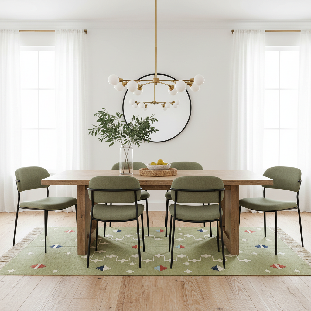 Handwoven Light Green Patterned Cotton Rug with Fringes