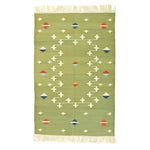 Handwoven Light Green Patterned Cotton Rug with Fringes