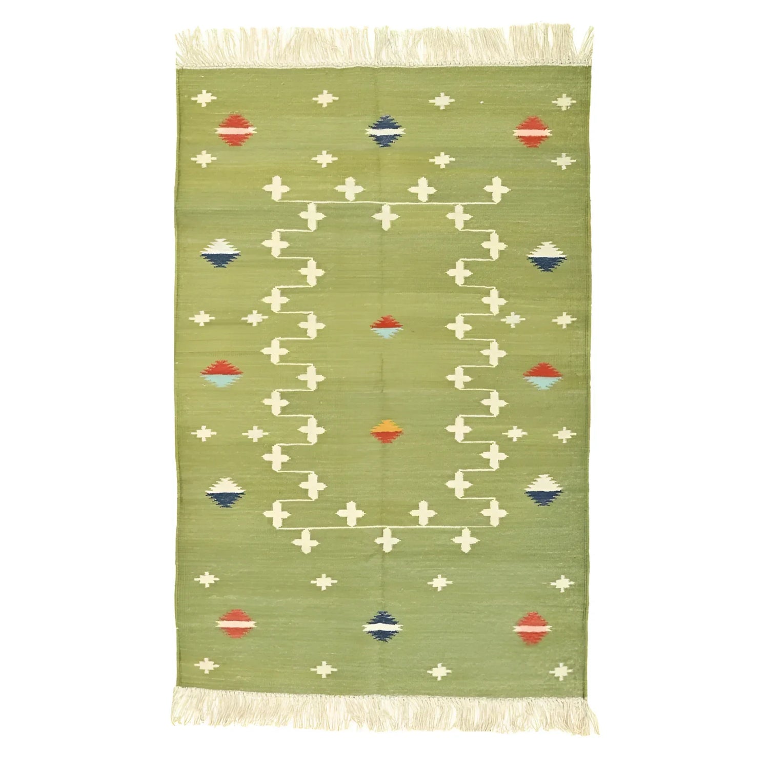 Handwoven Light Green Patterned Cotton Rug with Fringes