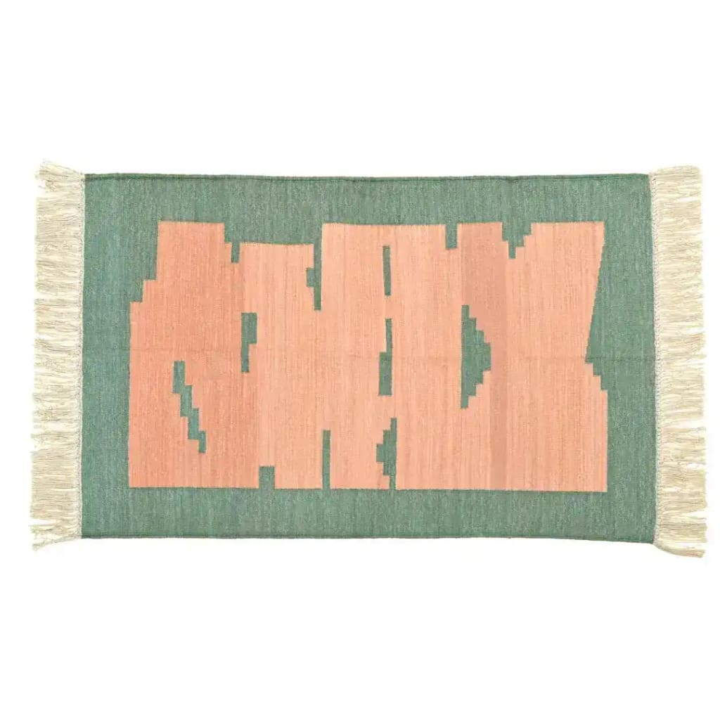 Handwoven light green and peachy fringes cotton area rug with a modern abstract design, perfect for bedrooms and living rooms. This boho rug adds a touch of elegance and warmth to any space.
