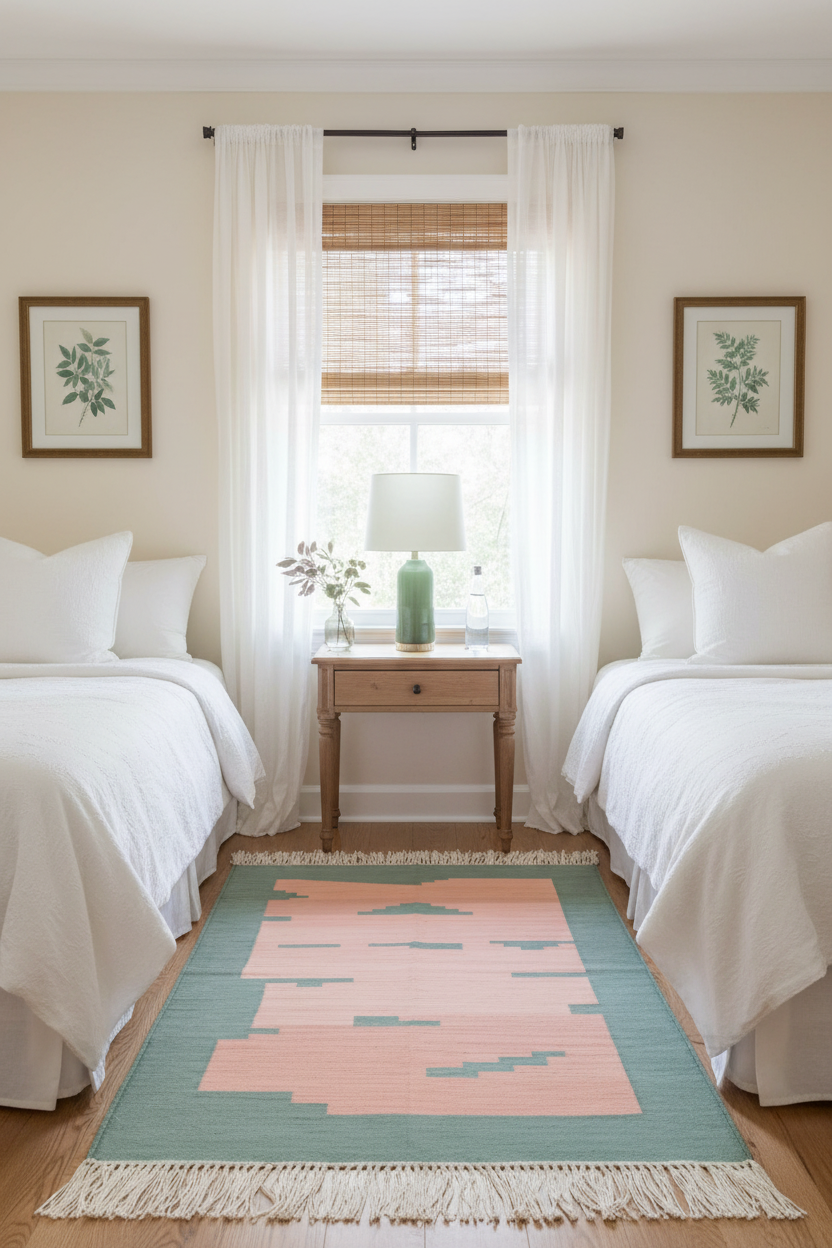 A styled twin bedroom with two white beds, a wooden nightstand, and a mint green and pink patterned runner rug on a hardwood floor.