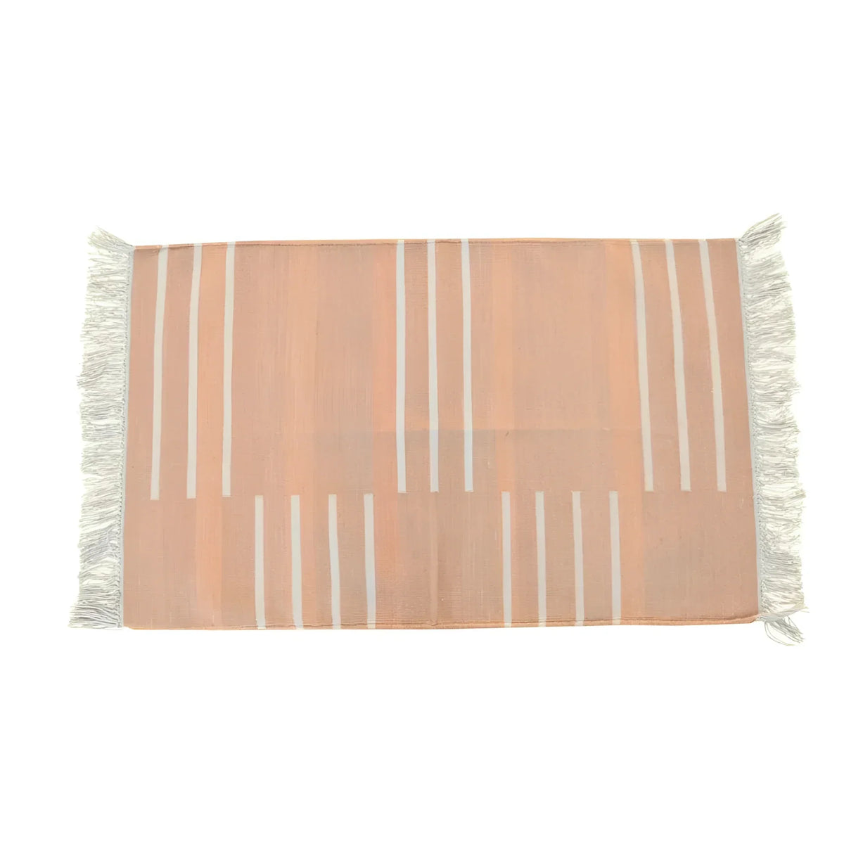 Handwoven Light Peach and White Minimalistic Cotton Rug with Fringes