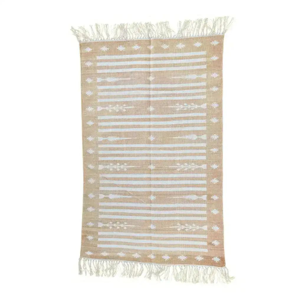 A handwoven light taupe and white traditional cotton area rug with fringes, perfect for adding a touch of boho style to your dining room or living room. This elegant rug features intricate patterns, making it an ideal choice for formal dining room rugs or as a dining table rug.