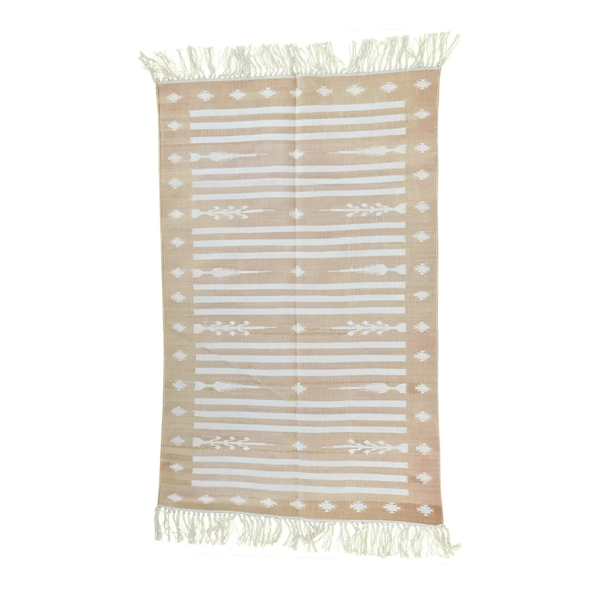 Handwoven Light Taupe and White Traditional Cotton Rug with Fringes