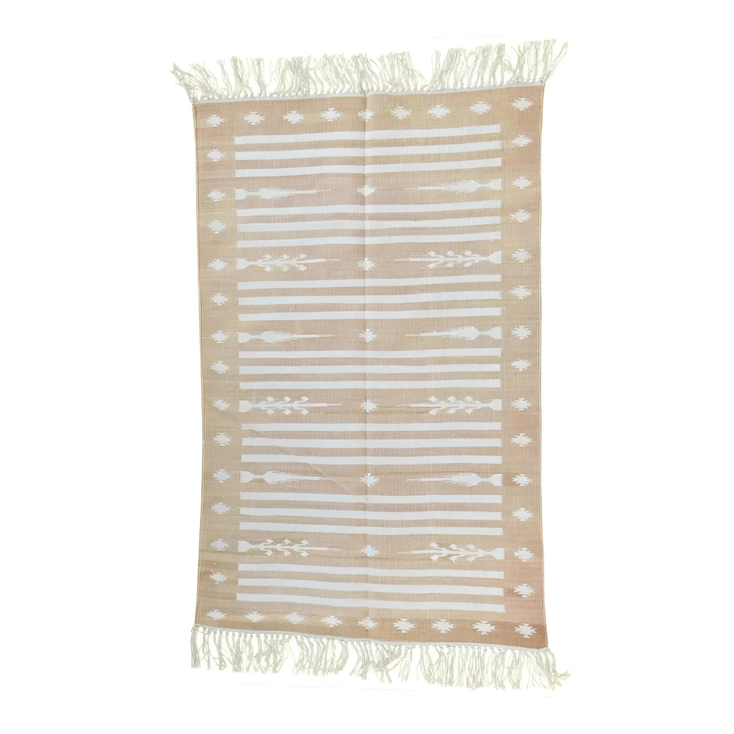 Handwoven Light Taupe and White Traditional Cotton Rug with Fringes