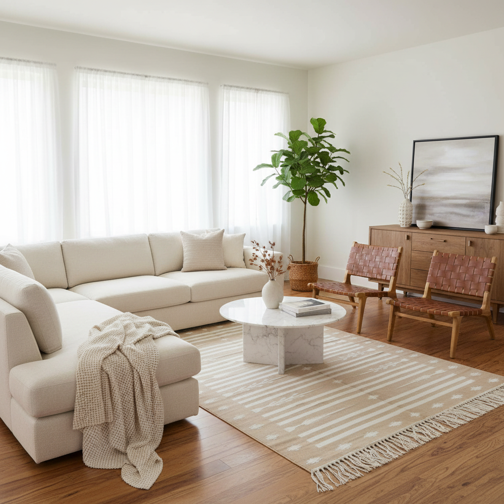 Alfombra tradicional de algodón tejida a mano en color topo claro y blanco con flecos
