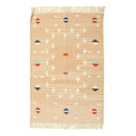 Handwoven Light Taupe Trellis Elegance Fringes Cotton Rug, ideal as a large area rug for living rooms or bedrooms. This boho rug features a subtle geometric pattern with colorful accents and fringe detailing, perfect for adding a stylish touch to any space.