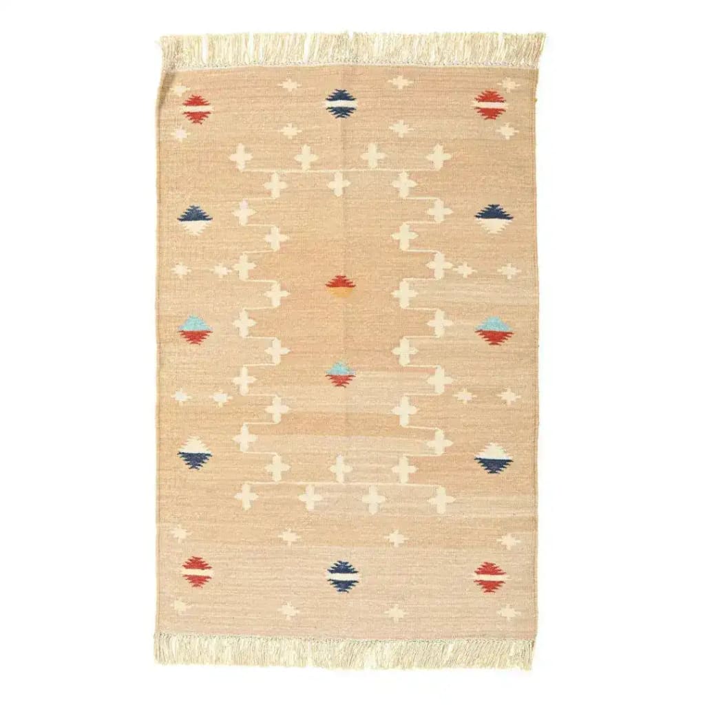 Handwoven Light Taupe Trellis Elegance Fringes Cotton Rug, ideal as a large area rug for living rooms or bedrooms. This boho rug features a subtle geometric pattern with colorful accents and fringe detailing, perfect for adding a stylish touch to any space.