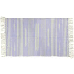 Handwoven lilac and white mini stripe cotton area rug with fringes, perfect for large living room spaces or offices. This boho rug adds a touch of elegance and comfort, ideal for those seeking cotton rugs for a stylish and cozy atmosphere.