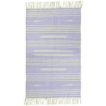 Handwoven lilac and white mini stripe cotton area rug with fringes, perfect for large living rooms or offices, adding a boho touch. Ideal for those seeking large area rugs or cotton rugs to enhance their space.