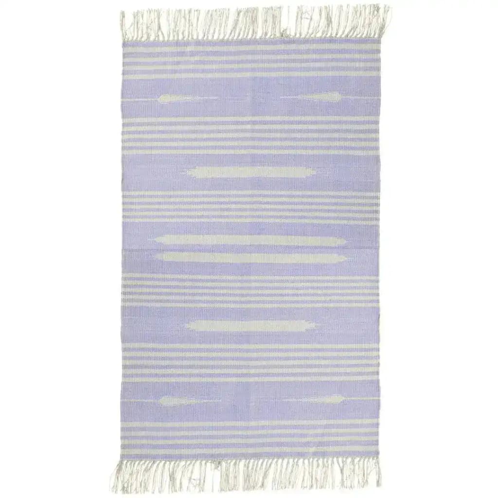 Handwoven lilac and white mini stripe cotton area rug with fringes, perfect for large living rooms or offices, adding a boho touch. Ideal for those seeking large area rugs or cotton rugs to enhance their space.